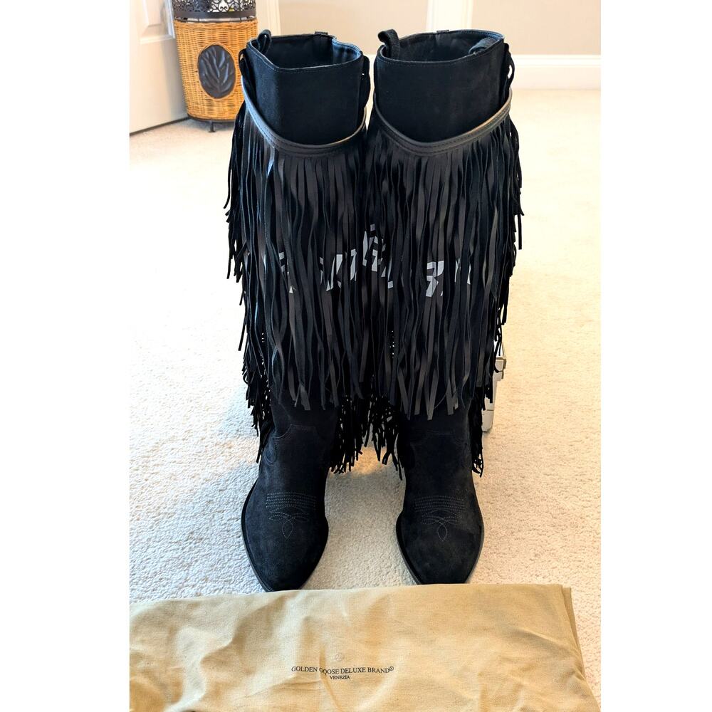 Golden Goose "Wish Star" Black Suede Fringe Western Boots